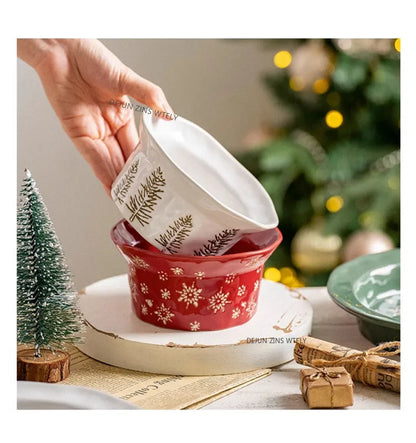 1PC Exquisite Christmas Tableware Ceramic Plates Fruit Salad Plates Breakfast Milk Mugs Household Kitchen Ceramic Noodle Bowls.
