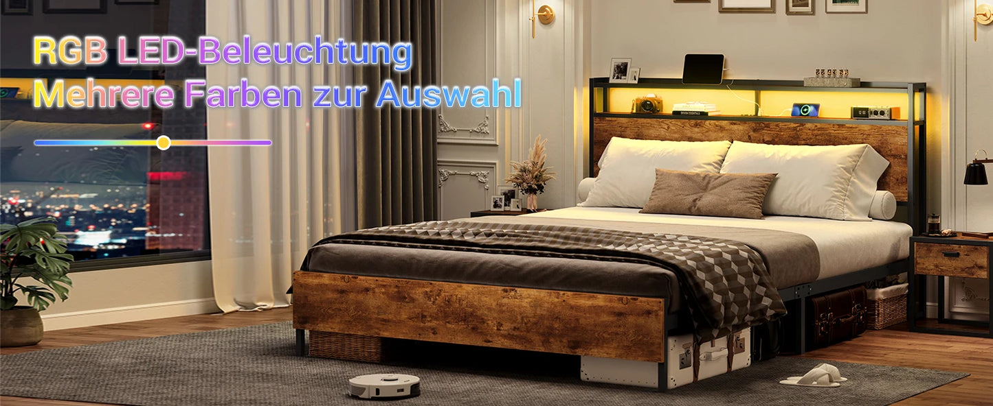 120 x 200 LED-beleuchteter Metallbettrahmen mit Steckdose und USB-Ladefunktion, Holzkopfteil, Stauraumbett B