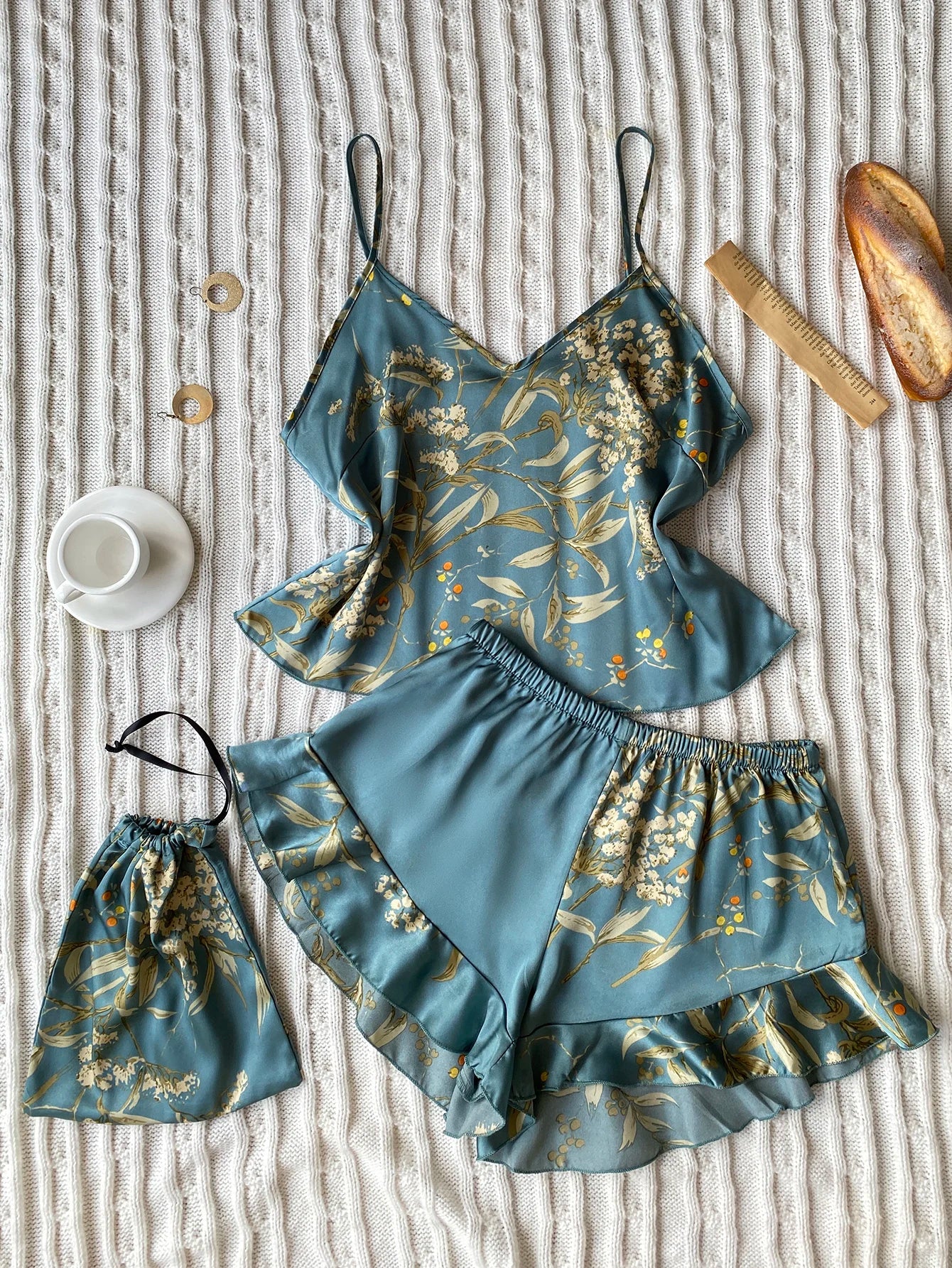 Elegante Cami-Tops mit Blumendruck, Rüschensaum, Shorts, Pyjama-Set, Damen-Nachtwäsche, Loungewear.