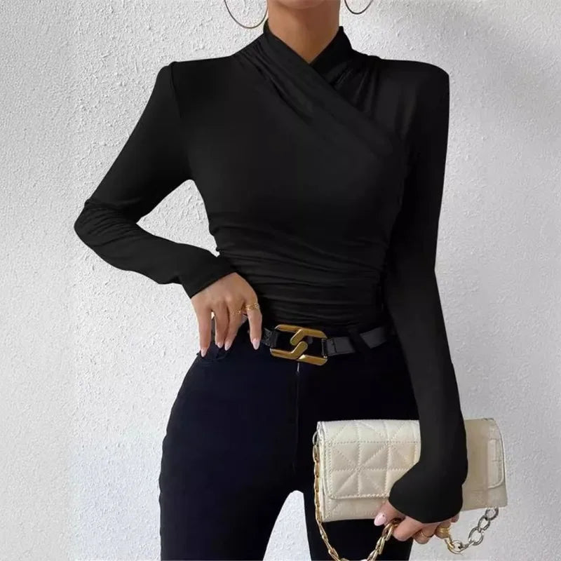 Women's Clothing Autumn Winter Tshirts New Design Cross Neckline Versatile Pleated T-shirt Comfortable Fashion Slim Fit Sexy Top.