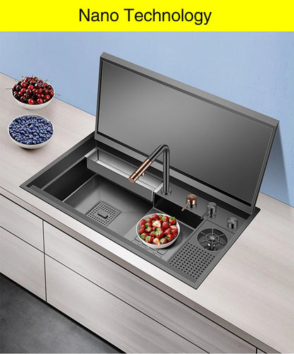 ASRAS Nanometer Black Flip Cover Hidden kitchen Sink 304 Stainless Steel 4mm Thickness Handmade Stepped Sinks Cup Rinser Sinks