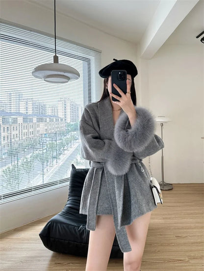 Mode Woolen Jacke mit gürtel Frauen Mantel 2025, Neue Herbst Winter Temperament Lose Strickjacke Weibliche Outwear