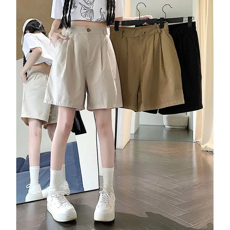 2025 Summer Women Casual Daily Khaki Short Pants Female High Waisted Cargo Shorts Girls Retro Baggy Wide Leg Slacks.