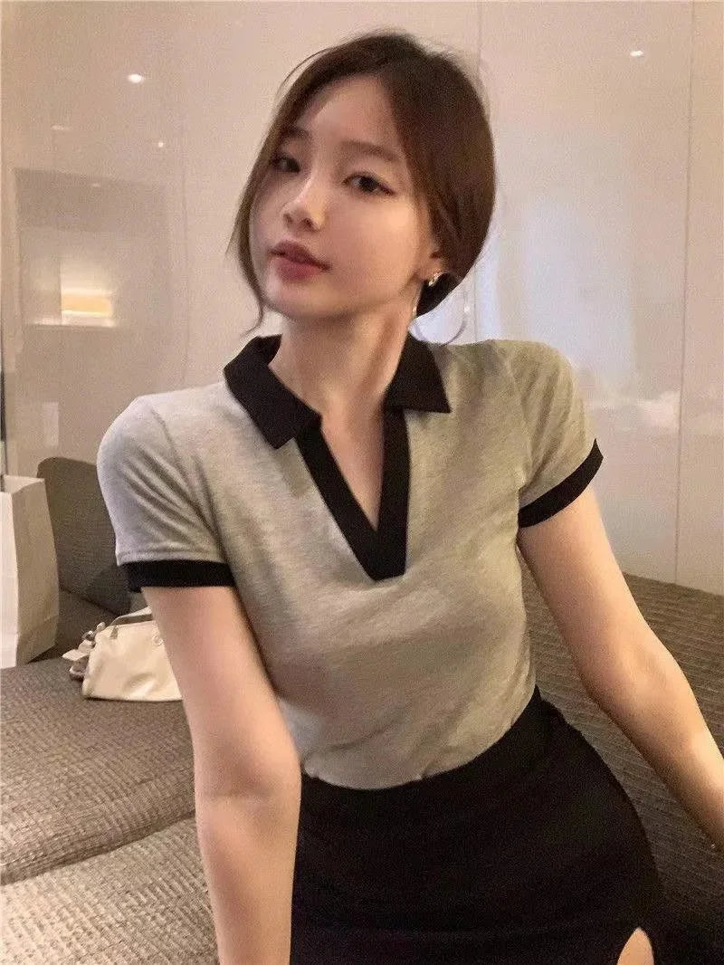 American Style Sweet And Spicy Girl Polo Shirt Women's Summer New Student Design Slimming Short Sleeve T-shirt Color Block.