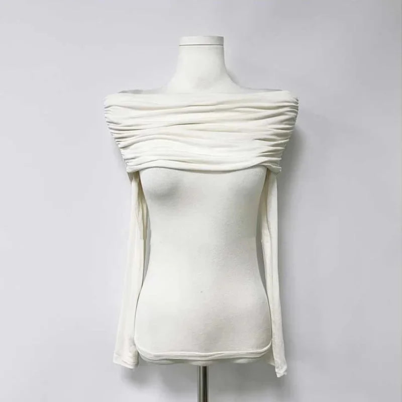 Korean Dongdaemun Spring Summer New Style Elegant One Shoulder Pleated Thin Long Sleeve Slimming Fit Cotton T-Shirt