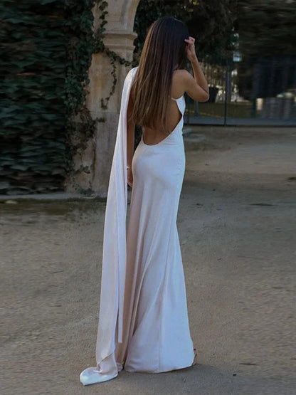 Band hängenden Hals lange Kleider schräg Schulter schnüren rücken frei seidig Satin Temperament Slim Fit Neck holder Frau Fischschwanz Kleid