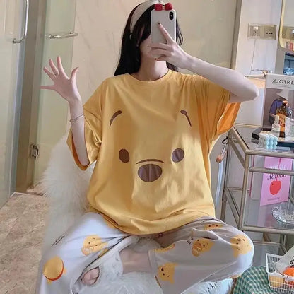 Sommer Pooh Bär Nachtwäsche frauen Lose Bequeme Cartoon Print Hause Kleidung Set Kurzarm Nachthemd Mickey Pyjama Set