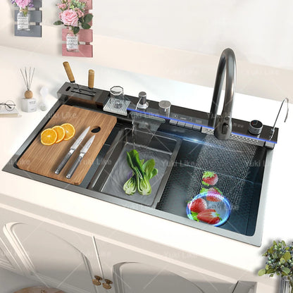Stainless Steel Waterfall Kitchen Sink Extra Large Single Slot Multifunctional Sinks Digital Display Dishwashing Basin