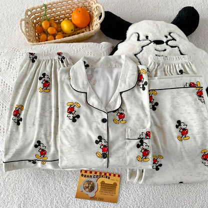 3Pcs Mickey Mouse Pajama Set Women's Summer Short-Sleeved Cute Sleepwear Autumn Student Home Clothes Three-Piece Set Nightgown.