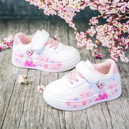 Disney Girl's Fashion Thick Sole Sports Shoes Spring Children's Frozen Princess Elsa PU Leather Running Sneakers Size 18-29.