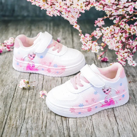 Disney Girl's Fashion Thick Sole Sports Shoes Spring Children's Frozen Princess Elsa PU Leather Running Sneakers Size 18-29.