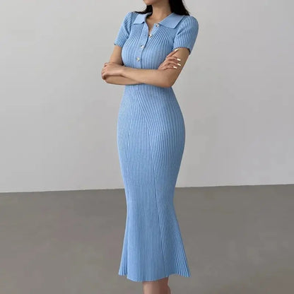OCEANLOVE Meerjungfrau Rüschen Kleider für Frauen Gestrickte Solide Einreiher Sexy Vestidos Mujer Mode Frühjahr Sommer Langes Kleid