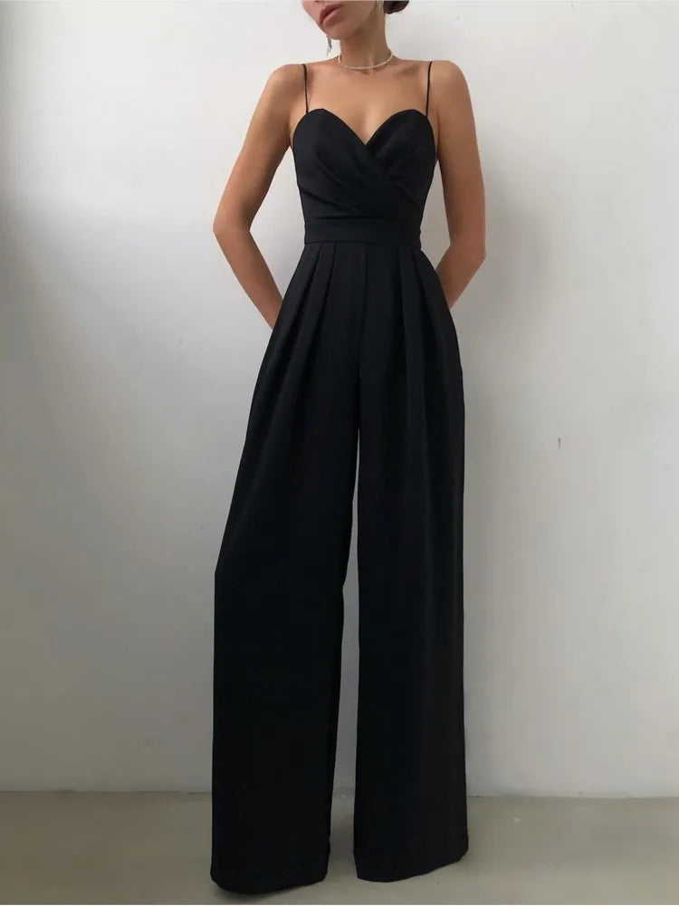 Summer Sexy Suspender Women's Jumpsuits Fashion Pleated Elegant Ladies Wide-leg Jumpsuits Trousers For Woman Party Rompers 2025
