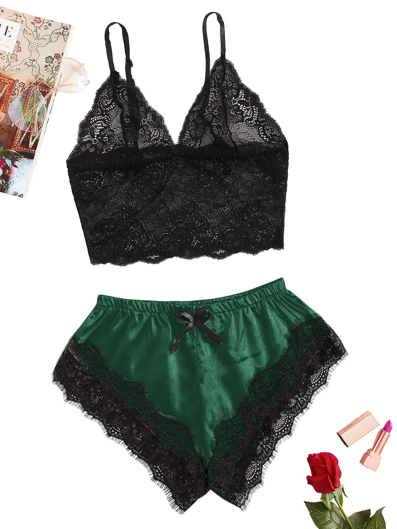 2-teiliges sexy Spitzen-Pyjama-Set für Damen, durchsichtiges Bralette, Cami-Top und Shorts, atmungsaktive Nachtwäsche, Sommer-Dessous in Übergröße.