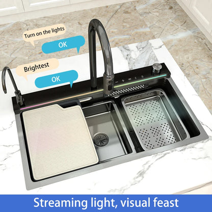 AI voice-controlled Stainless Steel Kitchen Sink With Waterfall  Embossed Large Single Slot Multifunction Dishwashing Sinks