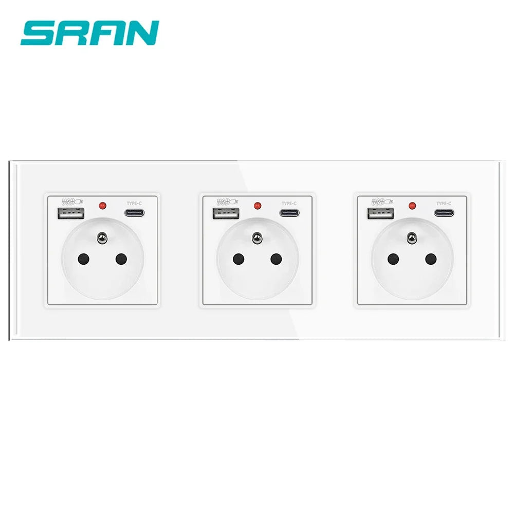 SRAN Französische USB-Wandsteckdose 5 V 2,1 A, Kristall-Hartglasscheibe 16 A 220 V 82 x 82 mm Steckdose Frankreich-Standard mit Abdeckung