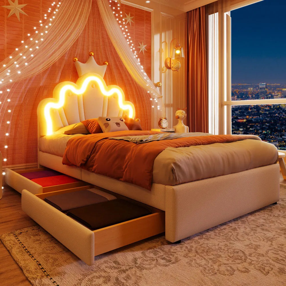 Polsterbett ohne Matratze, ferngesteuertes Umgebungslichtbett mit 2 Schubladen, kronenförmiges Prinzessinnenbett, verstellbarer Kopf, PU, Weiß