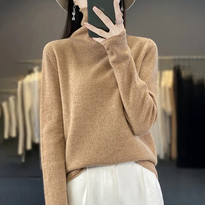 2025 100% Merino Wool Sweater Elegant Cashmere Pullover Women Pile Collar Long Sleeve Knitwear Basic Clothing  Jumper Tops