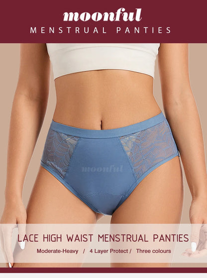 Moonful Women's Menstrual Panties High Waist Leak Proof 4 Layer Breathable Lace Period Underwear Girls Absorbent Brief.
