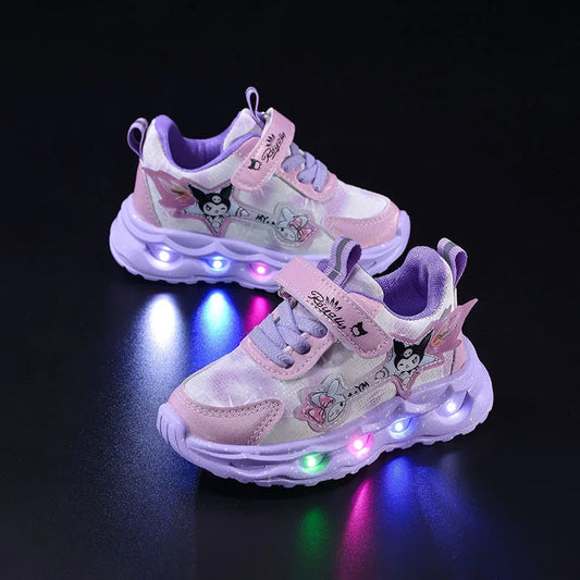 Kids'Casual Shoes Girls Led Light Cartoon PU Leather Spring Fashion Flat Bottom Anti-slip Soft Bottom Pink Purple Size 21-30.