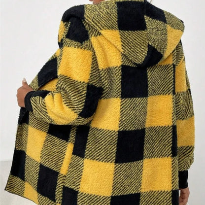 Frauen Herbst Winter Doppel Fleece Plaid Strickjacke Weiche Lose Lange Hülse Plüsch Warme Mit Kapuze Jacke Weibliche Patchwork Oberbekleidung Mantel