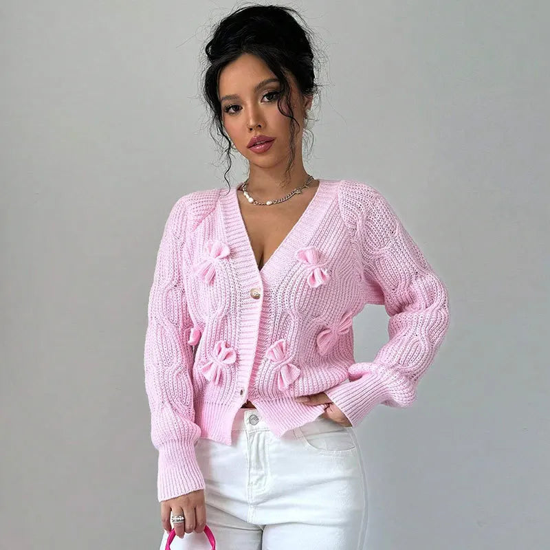 2025 Autumn And Winter Solid Color Long-sleeved Bow Knit Cardigan Jacket New Women's Elegant V-neck Button Versatile Sweater Top.