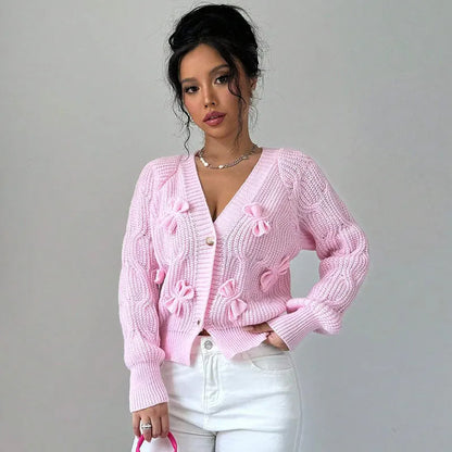 2025 Autumn And Winter Solid Color Long-sleeved Bow Knit Cardigan Jacket New Women's Elegant V-neck Button Versatile Sweater Top.