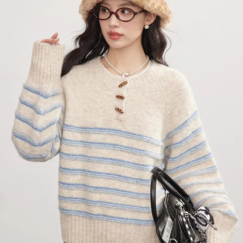 Striped Pullover Sweater Women Knitted Shirts Autumn Winter Female Fashion O-neck Knitwear Long Sleeve Casual Sweaters Knit Tops.