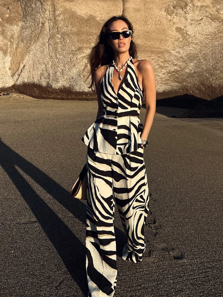 HH Women Pants Suit Fashion Zebra Stripes Single Breasted Sexy Sleeveless V-Neck Top+High Waist Zipper Casual Wide Leg Pants.