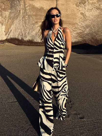 HH Women Pants Suit Fashion Zebra Stripes Single Breasted Sexy Sleeveless V-Neck Top+High Waist Zipper Casual Wide Leg Pants.
