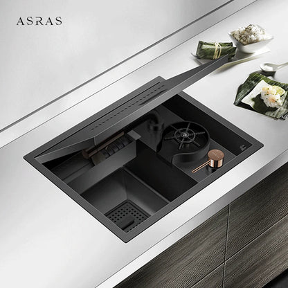 ASRAS Hidden Bar Island kitchen Sink Nanometer SUS 304 Flip Cover Hidden Handmade Small Size kitchen Sinks With Cup Rinser