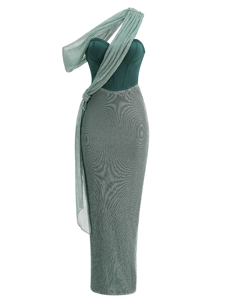 Sexy eine Schulter drapiert Glitzer langes Kleid Frauen braun Korsett funkelnd rücken frei figur betonte Maxi kleider Abend party Kleider