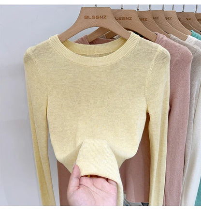 Spring  Basic O-Neck Slim T-Shirt Women Solid Multi Color All-Match Trend Casual Top Screw Knit Long Sleeve Elastic Office Lady
