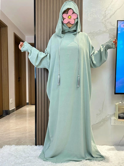 Muslim Abaya Solid Cotton Pullover Two Hat Women Eid Hooded Long Maxi Dress Turkey Kaftan Arab Robe Islamic Hijab Dubai Clothing