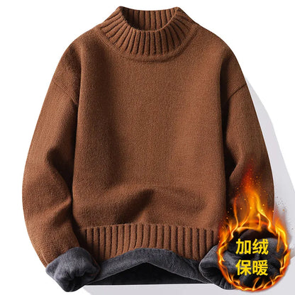 New Winter Men Mock Neck Turtlenecks Pullovers Fleece Warm Knitted Sweaters Good Quality Male Solid Outwear Casual Sweaters 3XL.