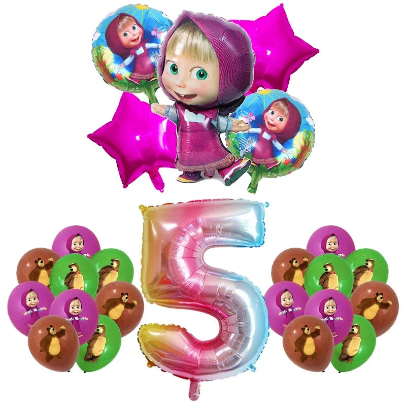 Mashas und Bär Geburtstag Party Dekoration Cartoon Thema Luftballons Kinder Event liefert Einweggeschirr Hintergrund.