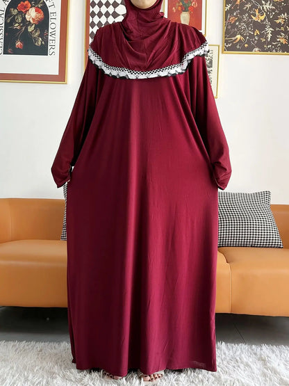 2023 Muslim Solid Cotton Abaya For Women Ramadan Prayer Garment Joint Hat Dubai Turkey Middle East Femme Robe Floral Loose Dress.