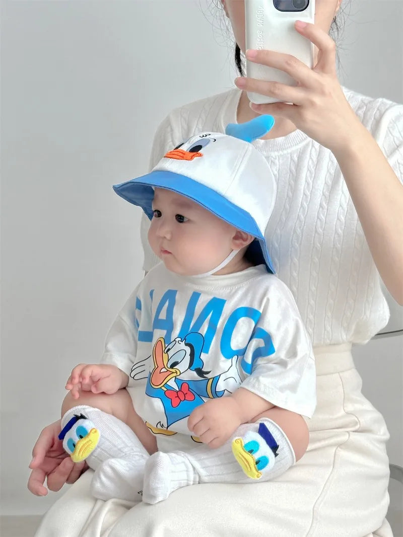 Disney Baby Mädchen Junge Overall Strampler Socke Hut Neugeborene Kleidung Set Baumwolle Cartoon Donald Duck Infant Kleinkind Body Outfit K618.