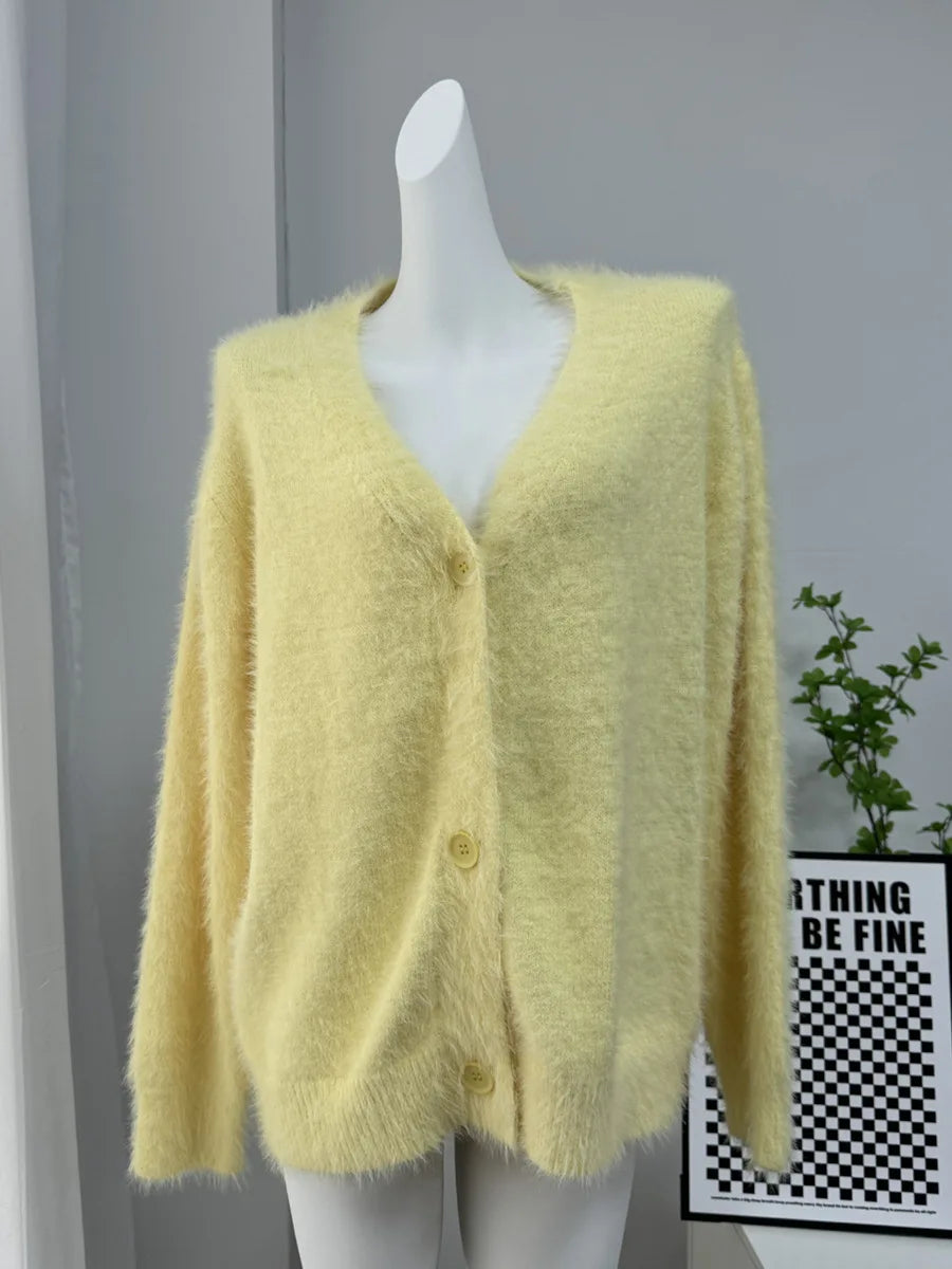 Women New Knitted Thick Cashmere Wool Cardigan Chic V Neck Single Breasted Fashion Long Sleeve Sweater Fall Winter Coat Outwear.