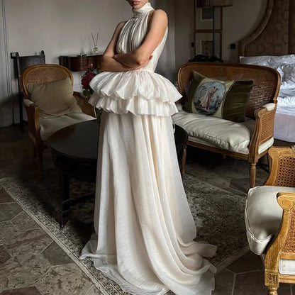 VGH Solide Abend Gespleißt Rüschen Maxi Kleider für Frauen High Neck Ärmellose Tunika Temperament Zeremonie Kleid Weibliche Kleidung