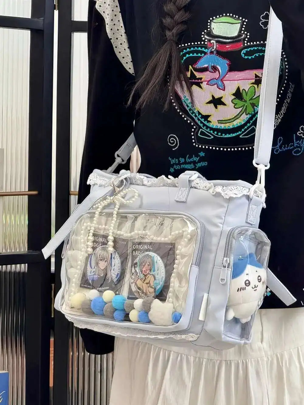 New Y2K Cute Japanese Ita Bag Lolita Girl Transparent Shoulder Tote Bag Large Capacity Crossbody Casual Bag DIY Display Handbags.