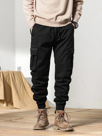 2024 New Winter Cargo Pants Men Multi-Pockets Drawstring Fleece Liner Thick Warm Overalls Joggers Casual Cotton Thermal Trousers