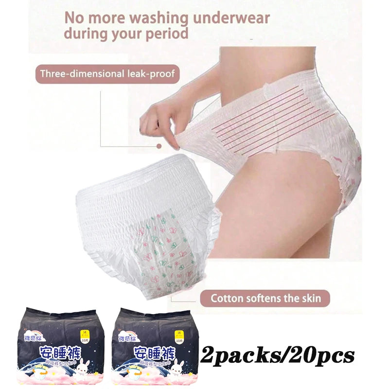 20Pcs=2packs Disposable Menstrual Pants Women Sanitary Pad Plus Size Period Panties Leakproof Menstrual Sleeping Pants.