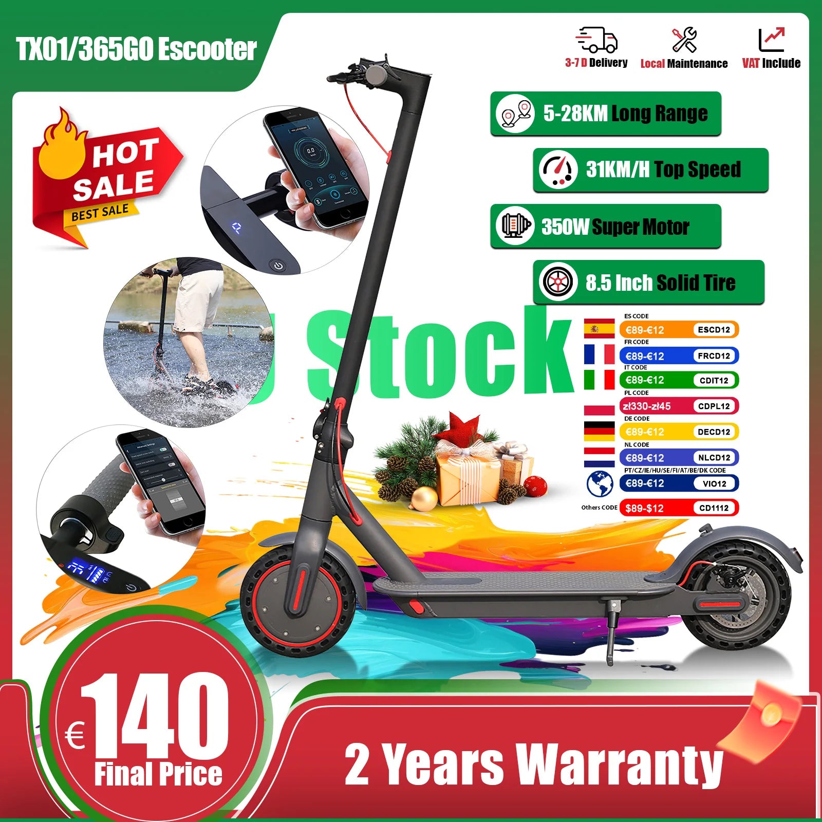 AOVOPRO TX01/365GO Electric Scooter 2025 New Design 350W Super Power Folding Dual Brake Electric Scooter 31KM/H 5-28KM Range.