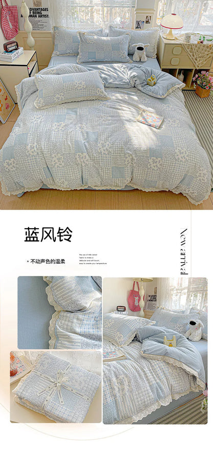 2025 new small fresh printing French lace lace double four-piece set bedding wrinkled yarn student three-piece set