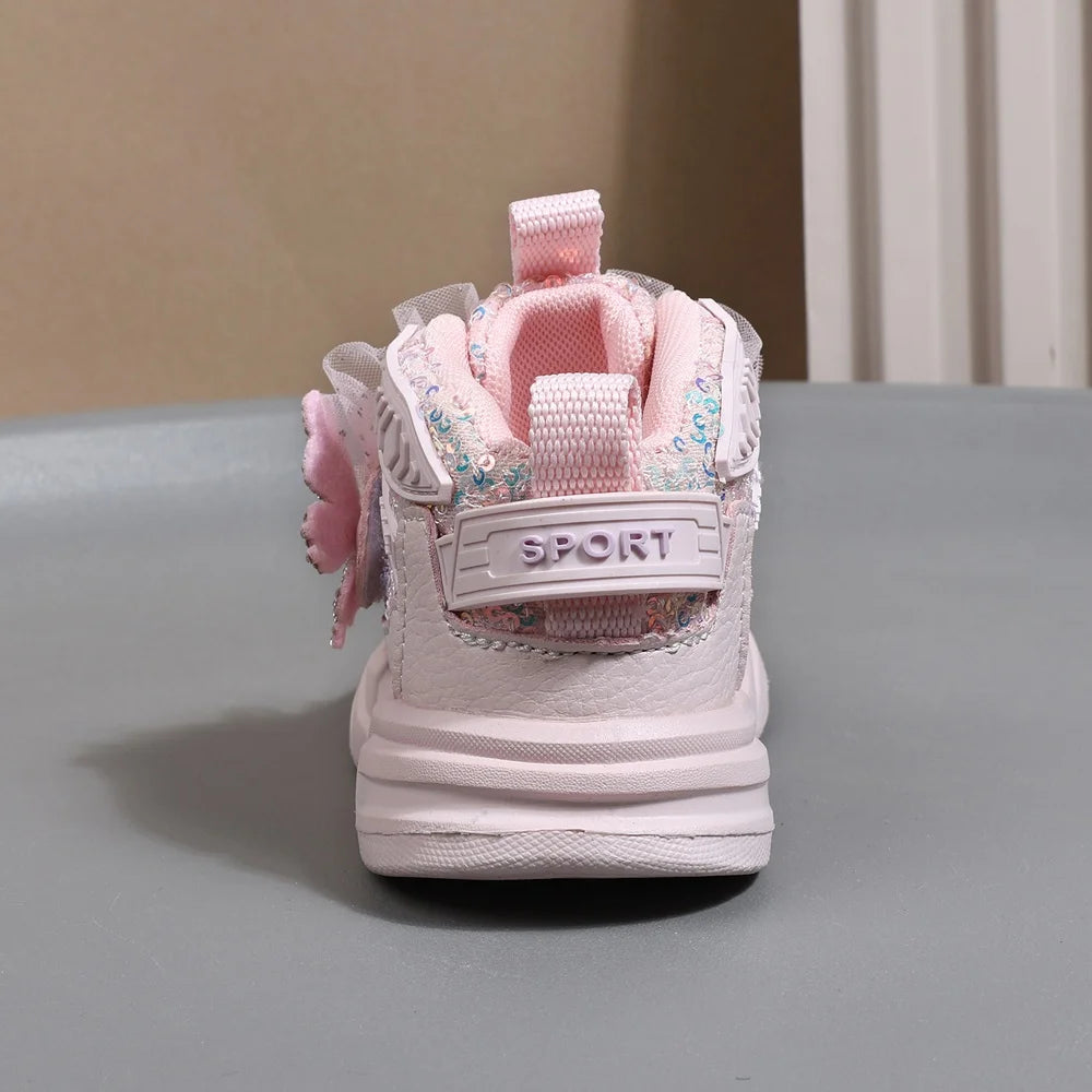 2025 New Autumn Children Shoes Leather Toddler Kids Sport Shoes Bling Bling Cute Butterfly Soft Sole Fashion Girls Sneakers.