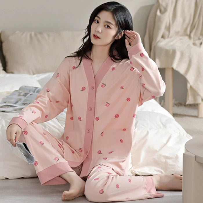 Herbst Winter Pyjamas Set für Frauen Kawaii Druck Nachtwäsche Anzug für Mädchen Mode Restlong Ärmel V-Ausschnitt Frau Pyjamas Set