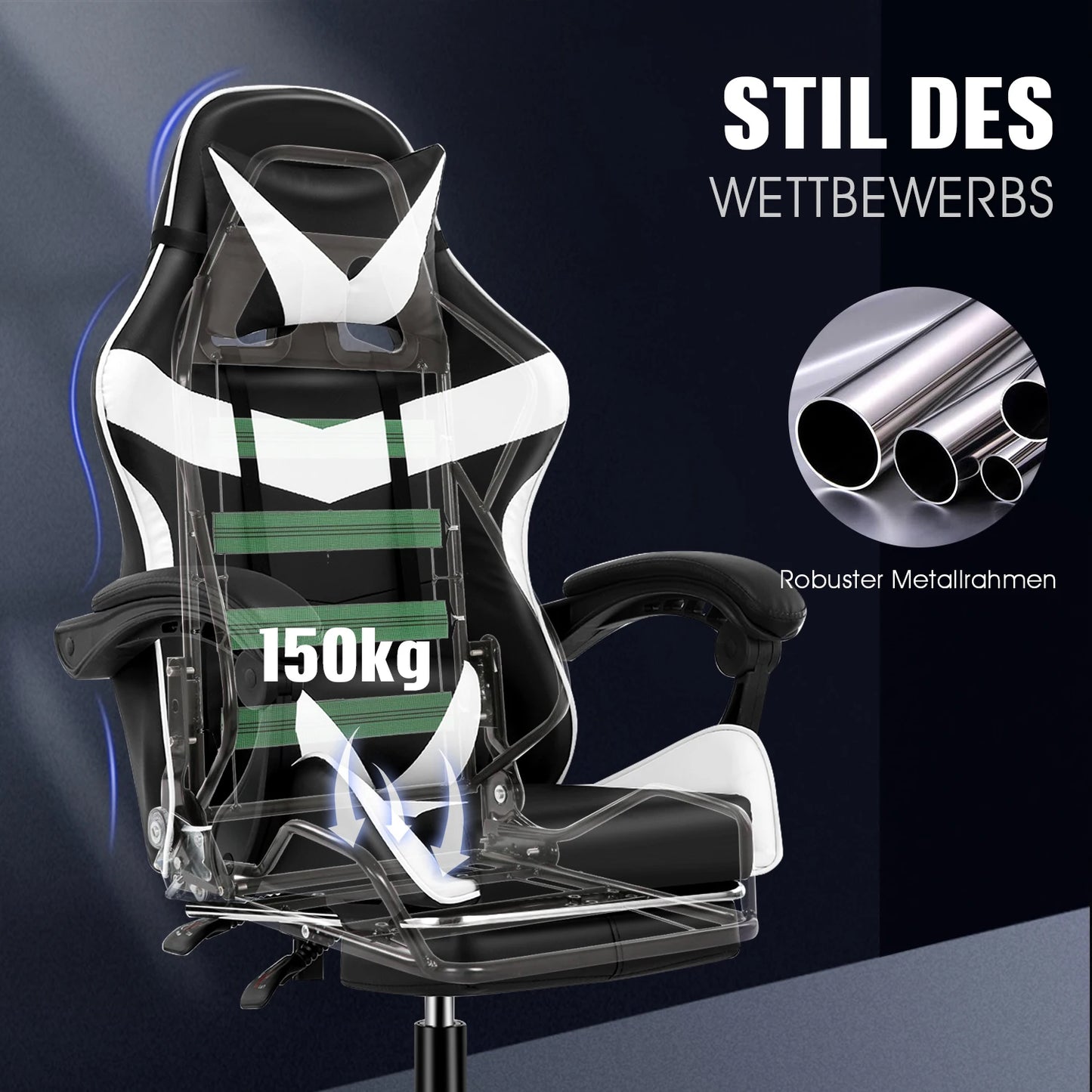 Bürostuhl Gaming Stuhl Massage Gaming Sessel Ergonomischer Gamer Stuhl mit Fußstütze, Kopfstütze Massage-Lendenkissen, Gepolstert Gaming Chair, Drehsessel Weiß