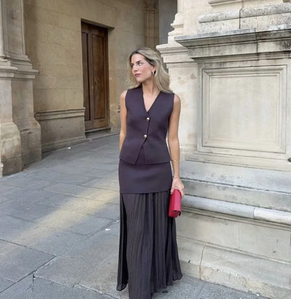 ETJ 2025 spring new  women's elegant fashion same color splicing small pleated hem high waist knit skirt.