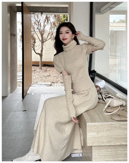 VigoAnne Spring Autumn 2025 Turtleneck Knit Woman 2 Piece Set Casual Solid High Waist Skirts Suits Korean Lady Long Dress Suit.